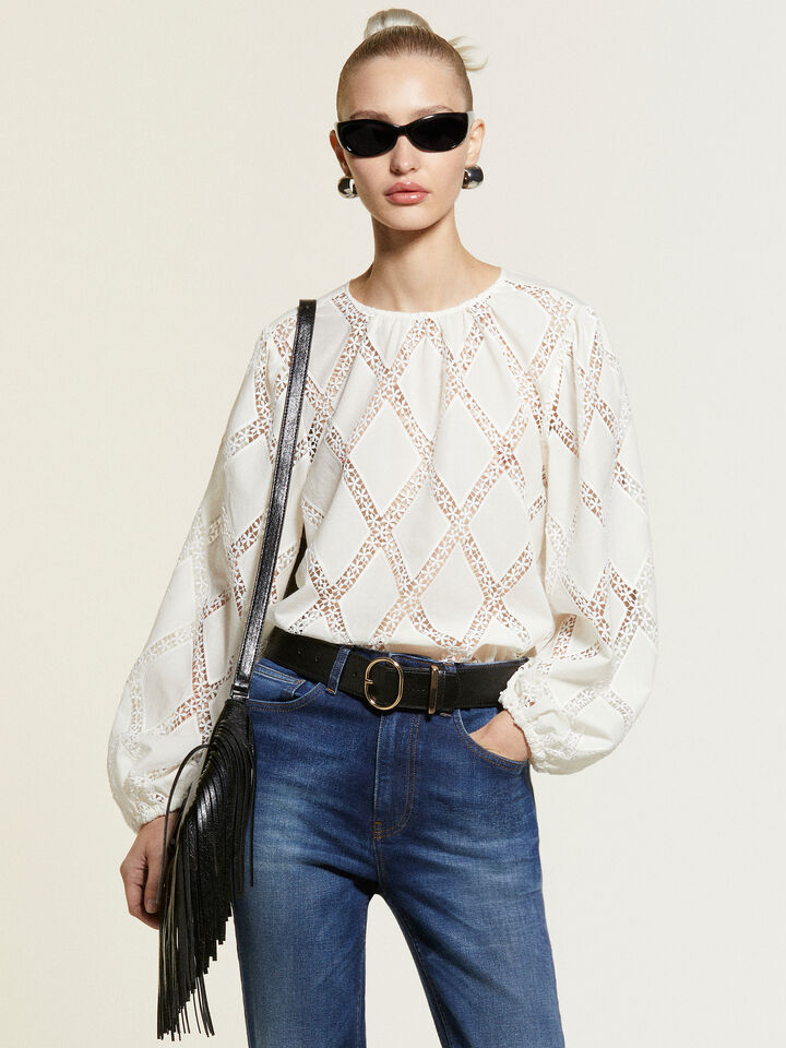 Cream white blouse with lace - women's blouses - Creamy White | Sisley image number 8